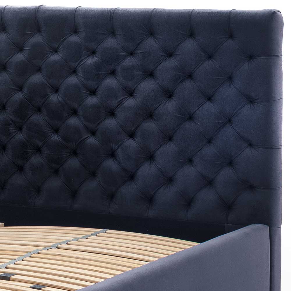 Blaues Stauraumbett mit Chesterfield Kopfteil - Lani