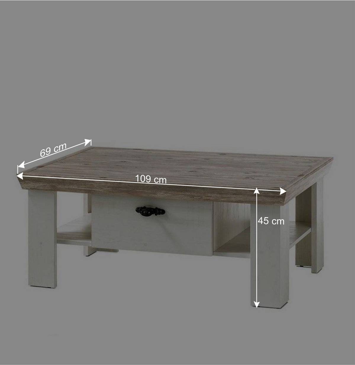Scandi Landhaus Sofatisch mit 2 Schubladen Nedita in Weiß & Pinie Shabby