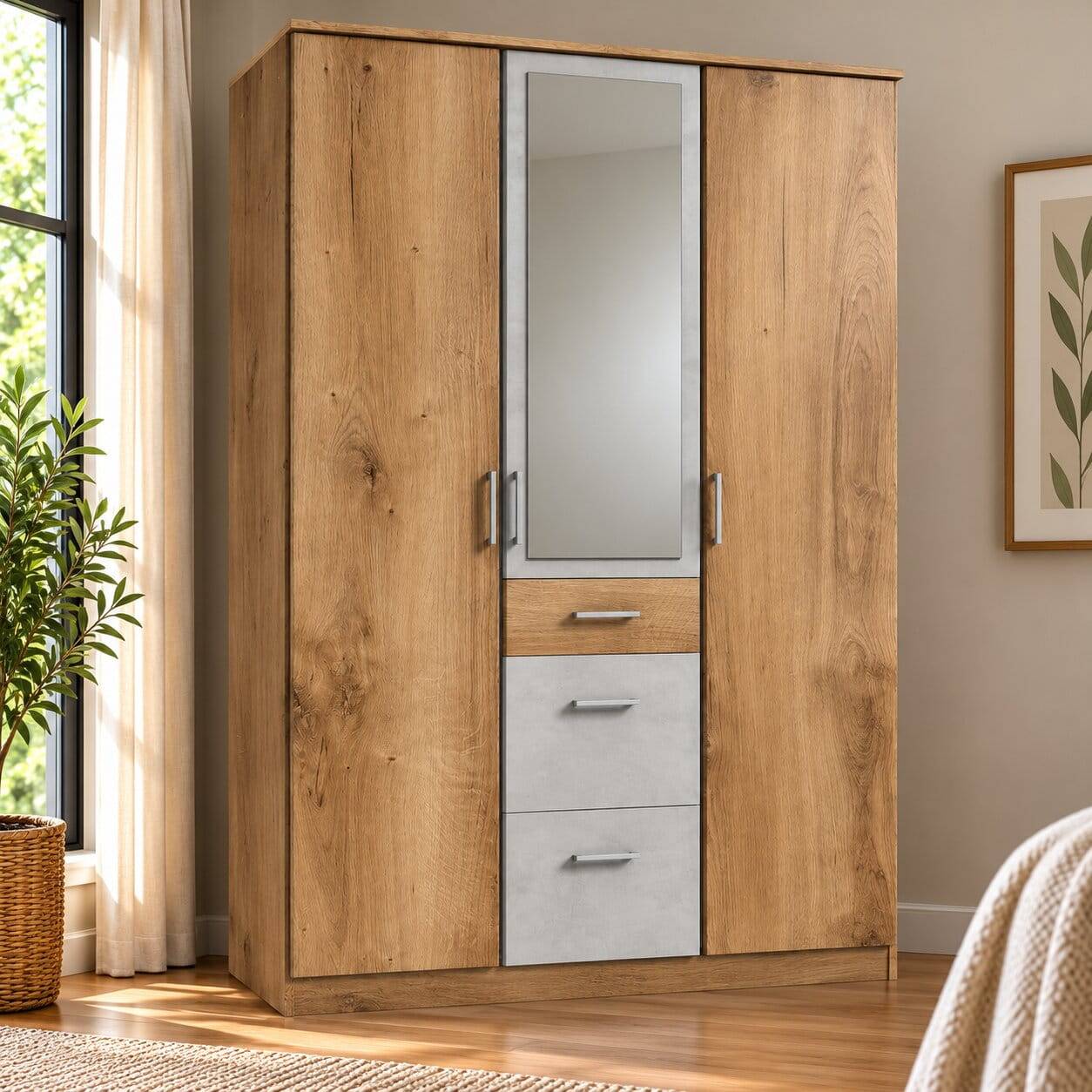Schlafzimmerschrank in Plankeneiche & Lichtgrau - Anca