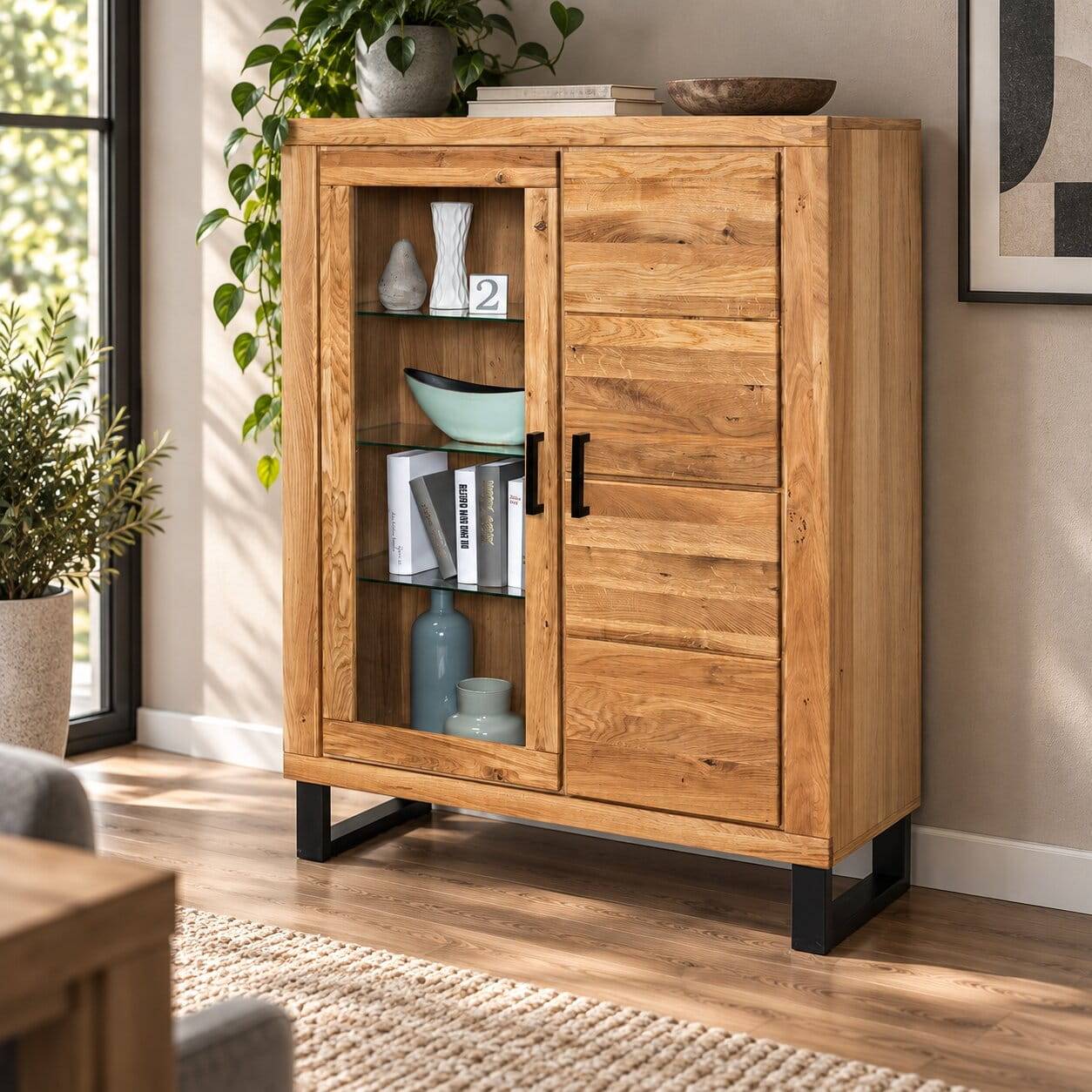 Teilmassives Highboard einseitig Glas - Arello