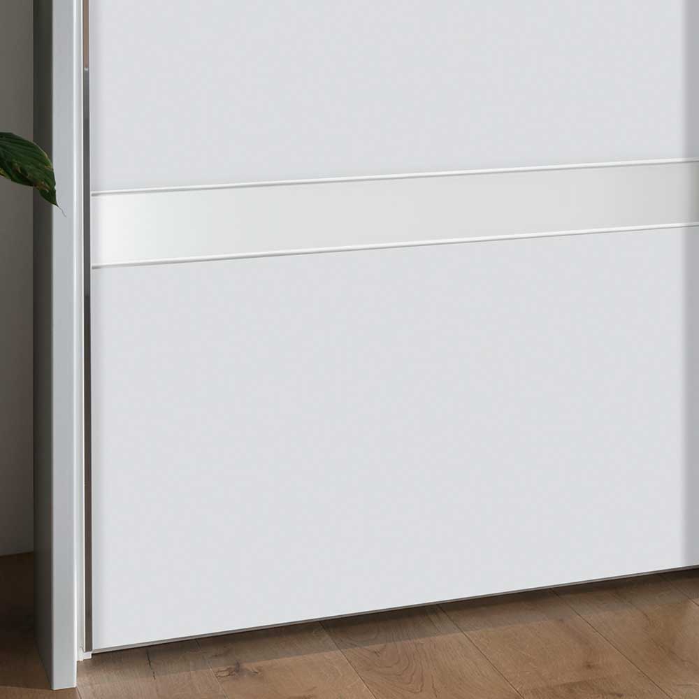 Seitliche Ansicht des weißen Schwebetürenschranks mit glänzender Designleiste – Elisabeth