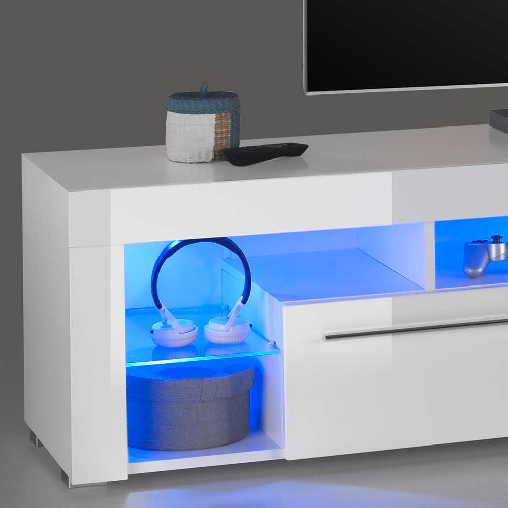 Weißes Hochglanz TV Board mit blau beleuchtetem LED Fach und Glasboden für Media – Verella