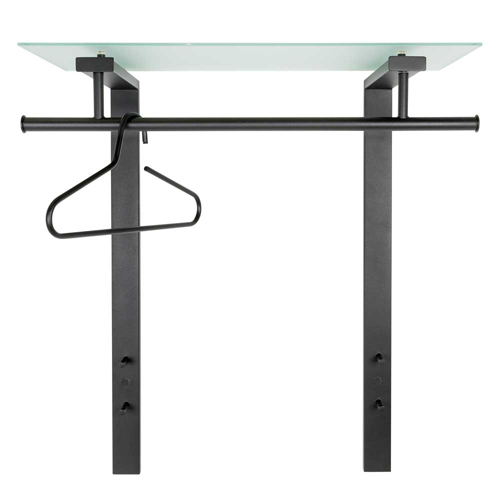 Schwarze Wandgarderobe aus Metall mit Glasablage, Kleiderstange und Bügel für den Flur – Justina