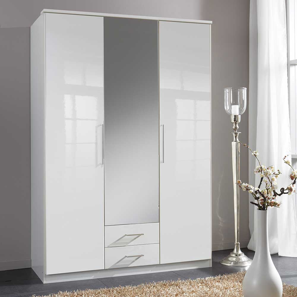 Hochglanz Schlafzimmerschrank in Weiß mit Spiegel - Sanco