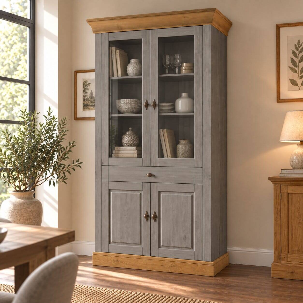 Vitrinenschrank Cempino in Grau und Natur