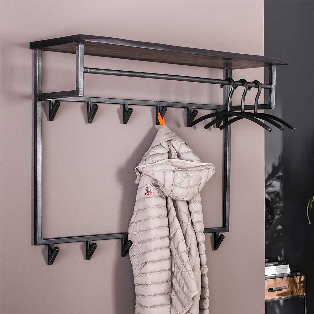 Moderne Hängegarderobe aus Akazienholz und anthrazitfarbenem Metall im Industrial Design für den Flur – Ariet