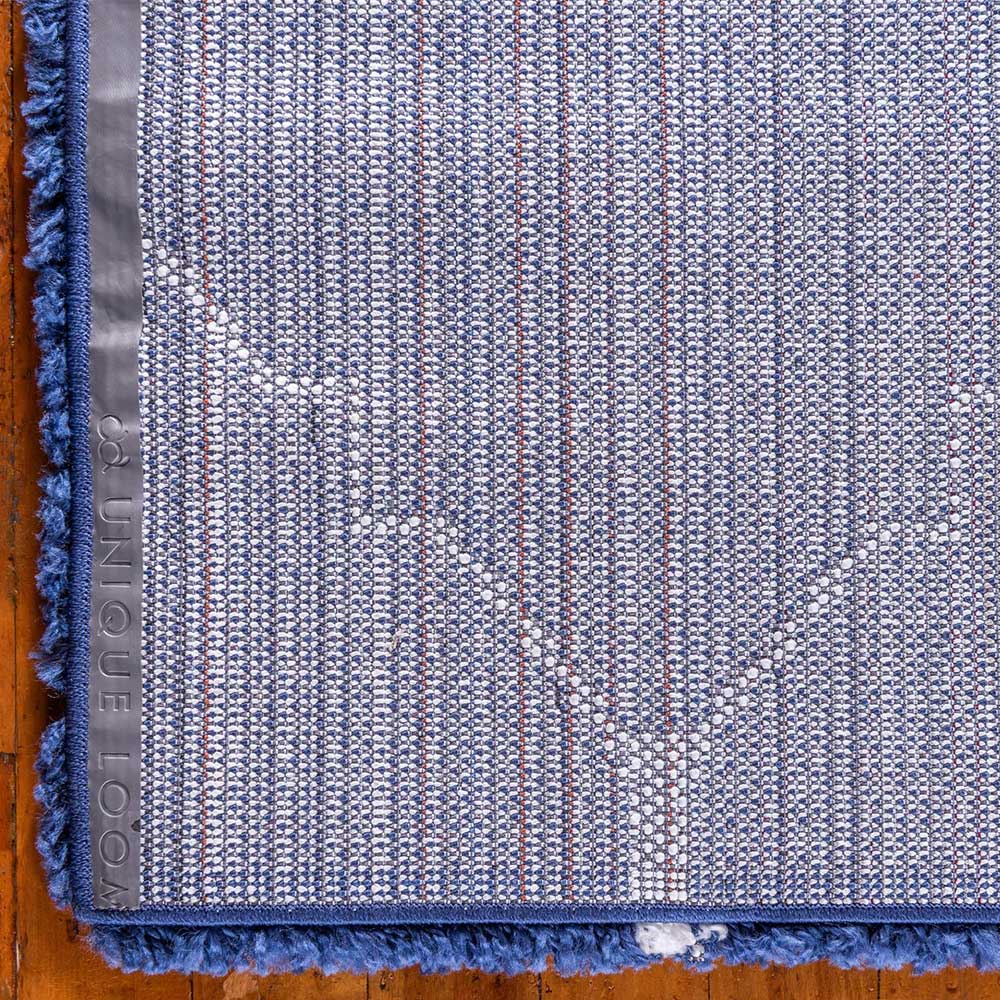 Unterseite des blauen Teppich Läufers mit gewebter Rückseite und Unique Look Label – Tonnia