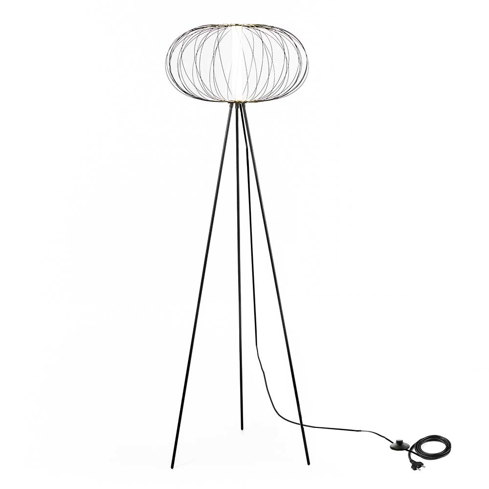 Moderne LED Stehlampe schwarz mit Drahtgeflecht-Schirm und elegantem Drei-Bein-Gestell – Natali