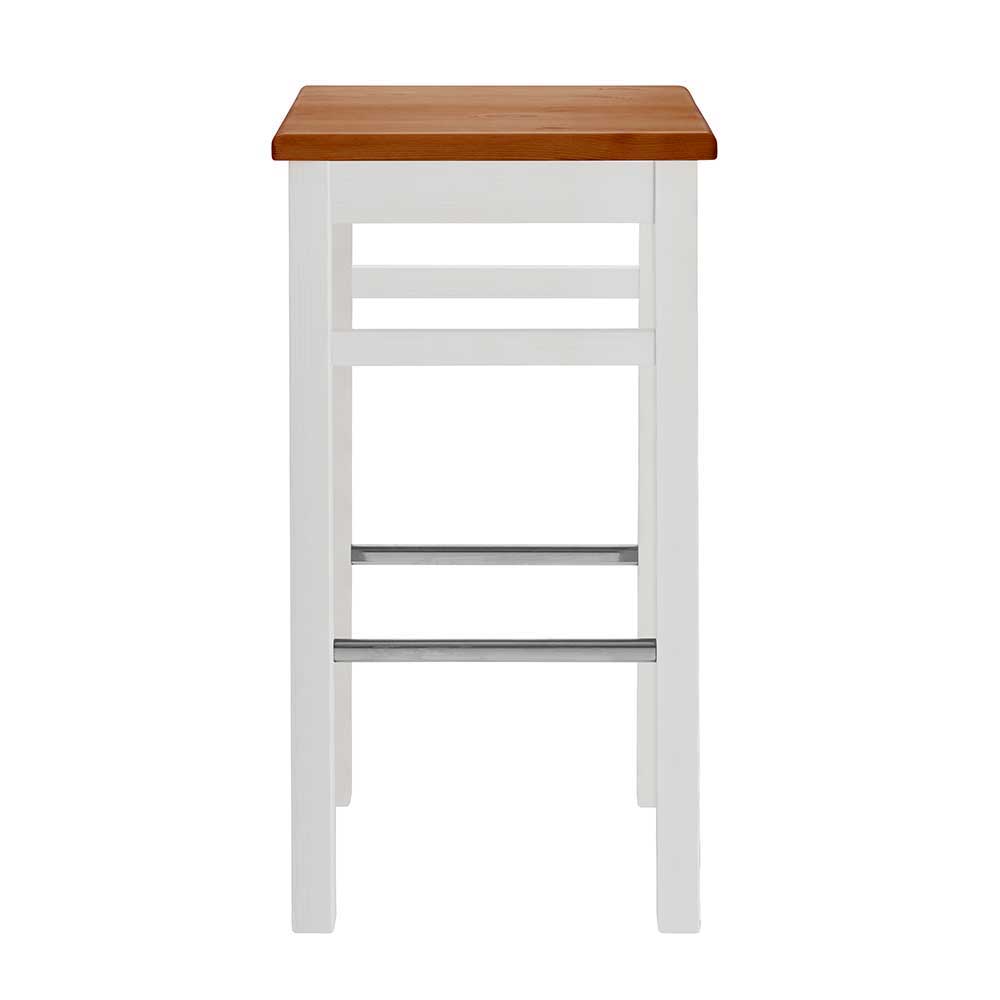Barhocker des dreiteiligen Sets mit weißem Gestell, brauner Holzplatte und Fußstütze – Kangron