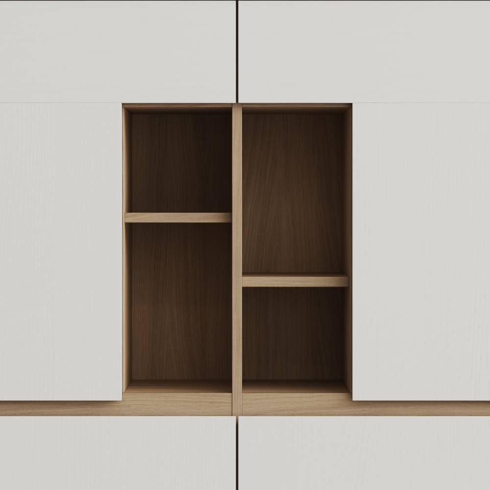 Mittige offene Regalfächer des Highboards in heller Holzoptik mit weißen Türen – Ovidio