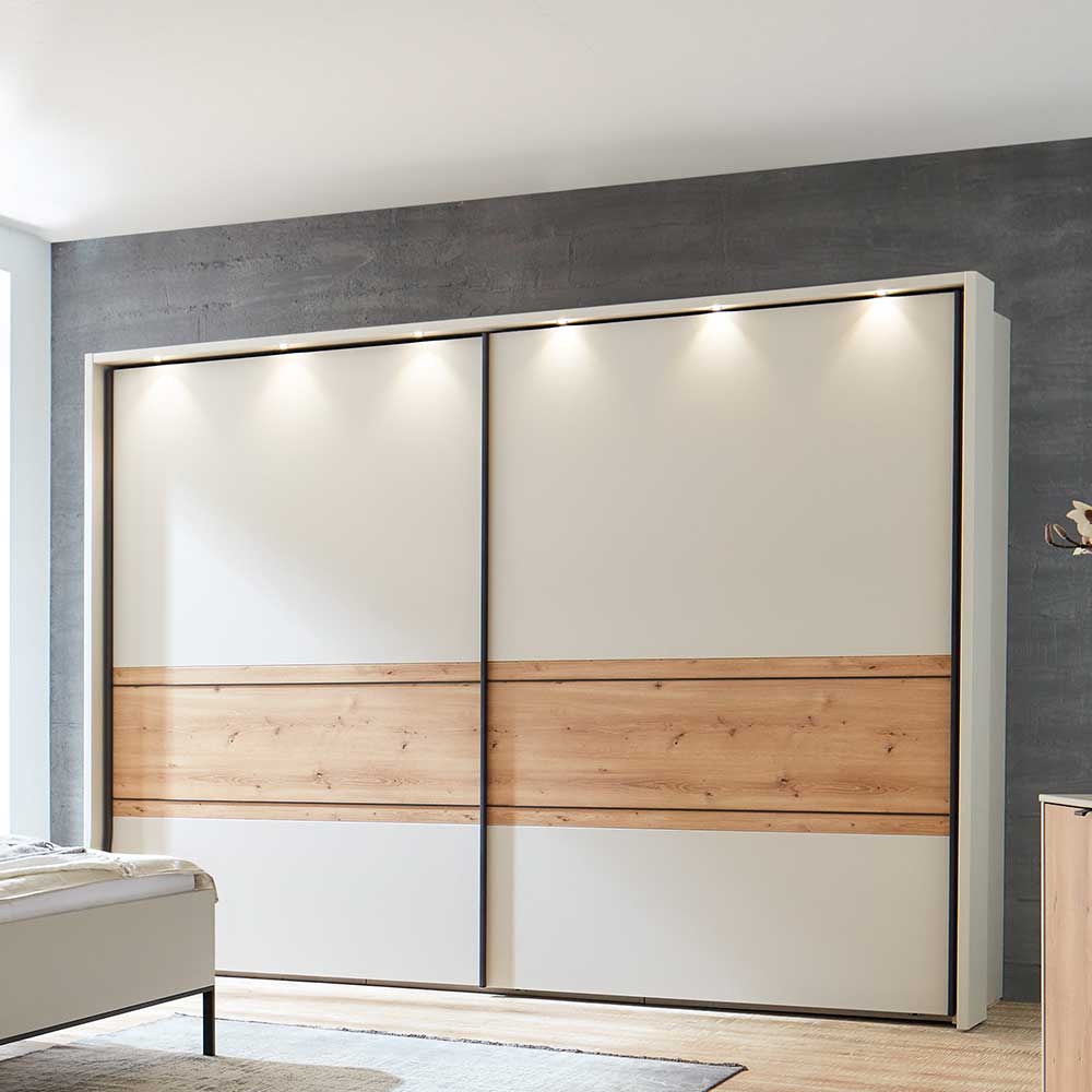 Schwebetürenschrank mit integrierter LED-Beleuchtung in Eiche Bianco und Beige – Kezmina