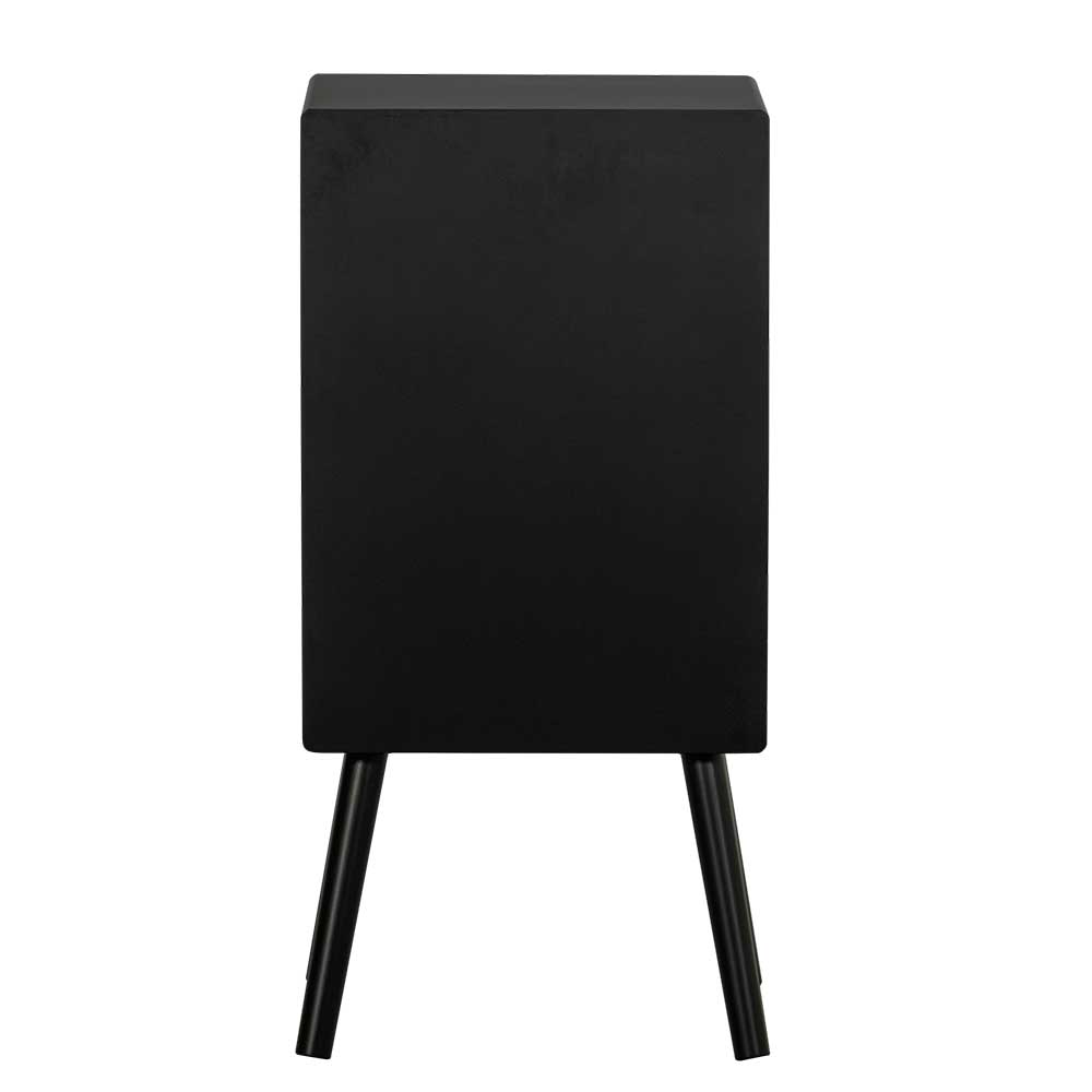 Elegante schwarze Nachtkommode von der Seite mit schlanken schwarzen Beinen – Borkata
