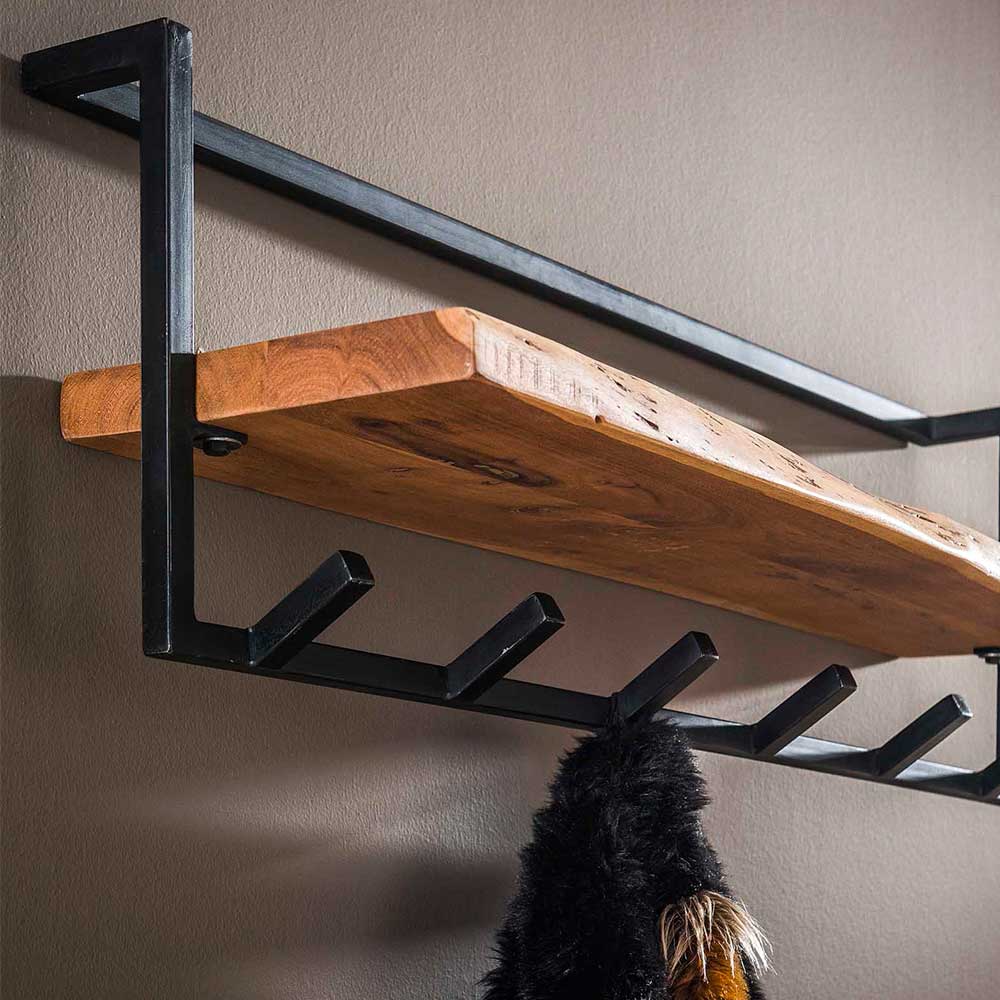 Rustikale Flurgarderobe aus Massivholz und grauem Stahl mit stabiler Hakenreihe – Bash