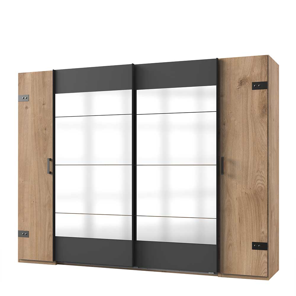 Design Kleiderschrank in Holzoptik mit zwei großen Spiegeltüren und anthrazitfarbenen Akzenten – Enegal
