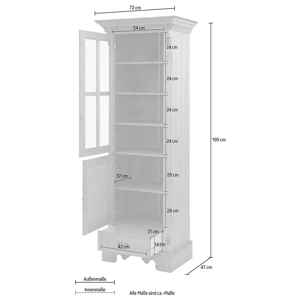 70x203x45 Landhaus Vitrine in Creme - Rospus