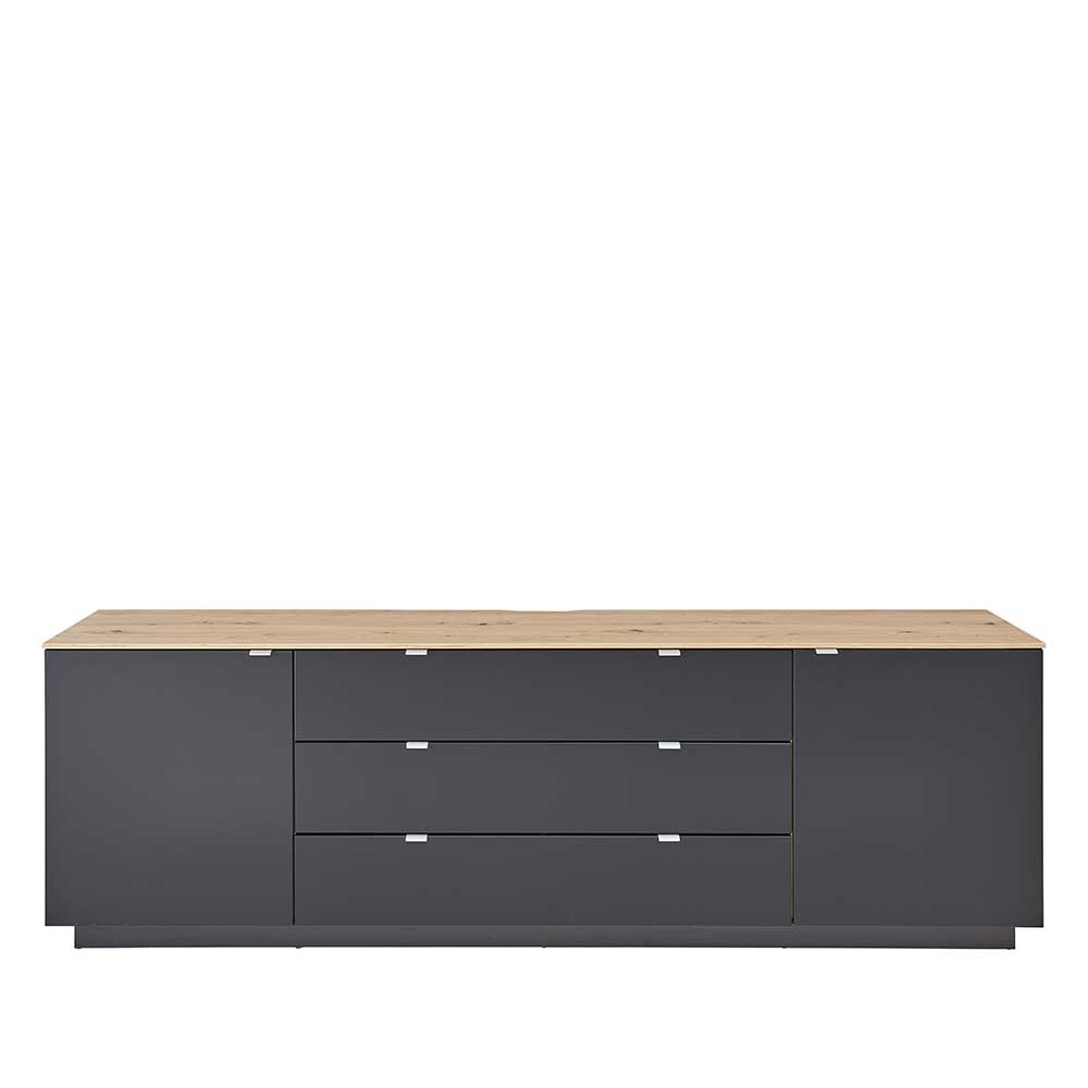Modernes Wohnzimmer Sideboard 240 cm breit in Anthrazit mit Holzplatte und drei Schubladen – Hilona