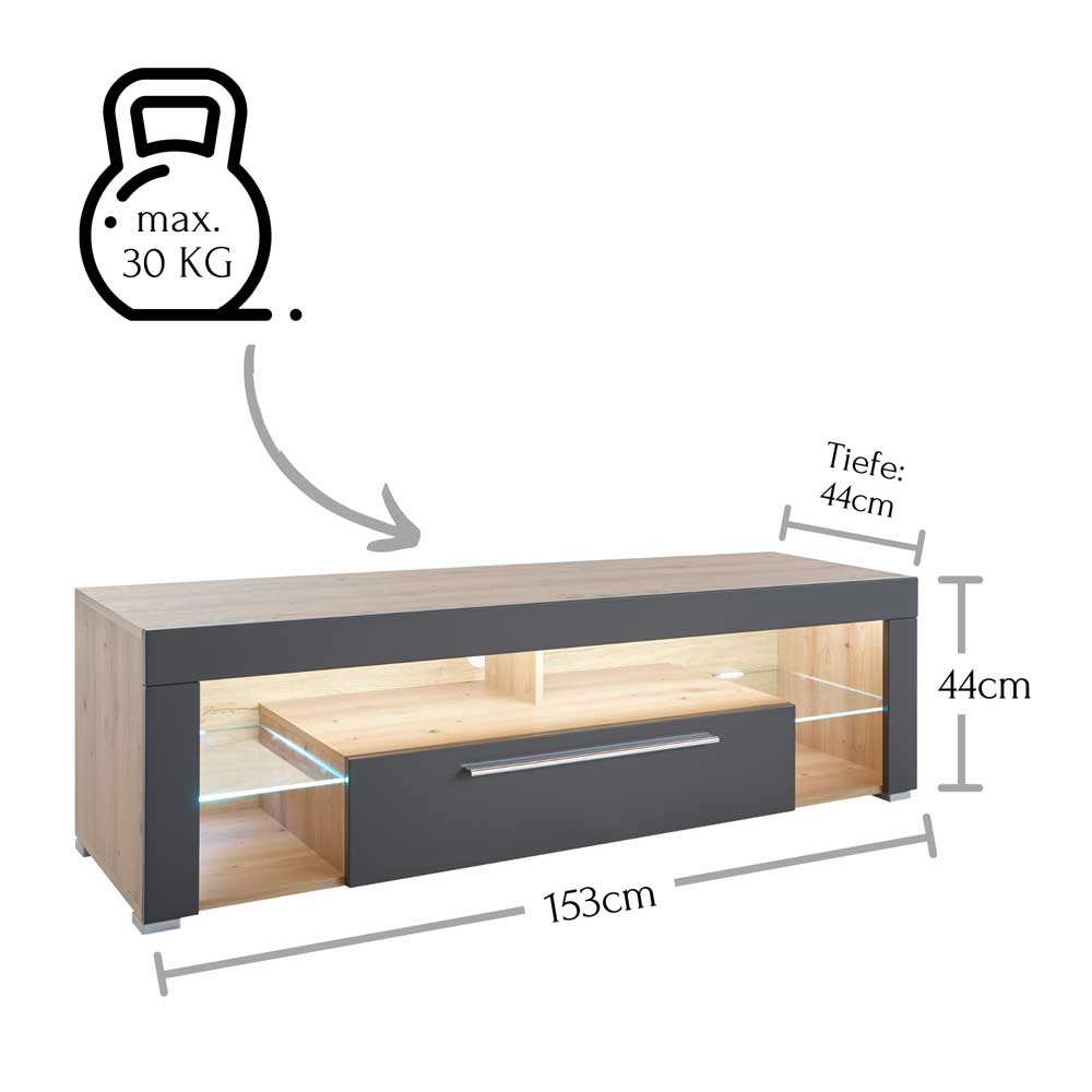 Beleuchtete TV Kommode mit Klappe & Glas-Böden - Lorena