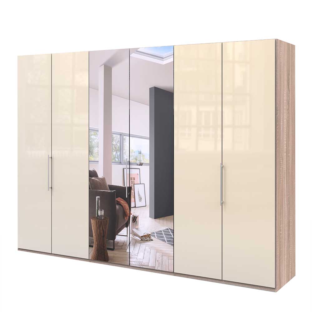 Moderner Kleiderschrank für das Schlafzimmer mit Spiegelfalttür und cremefarbenen Fronten – Rativian