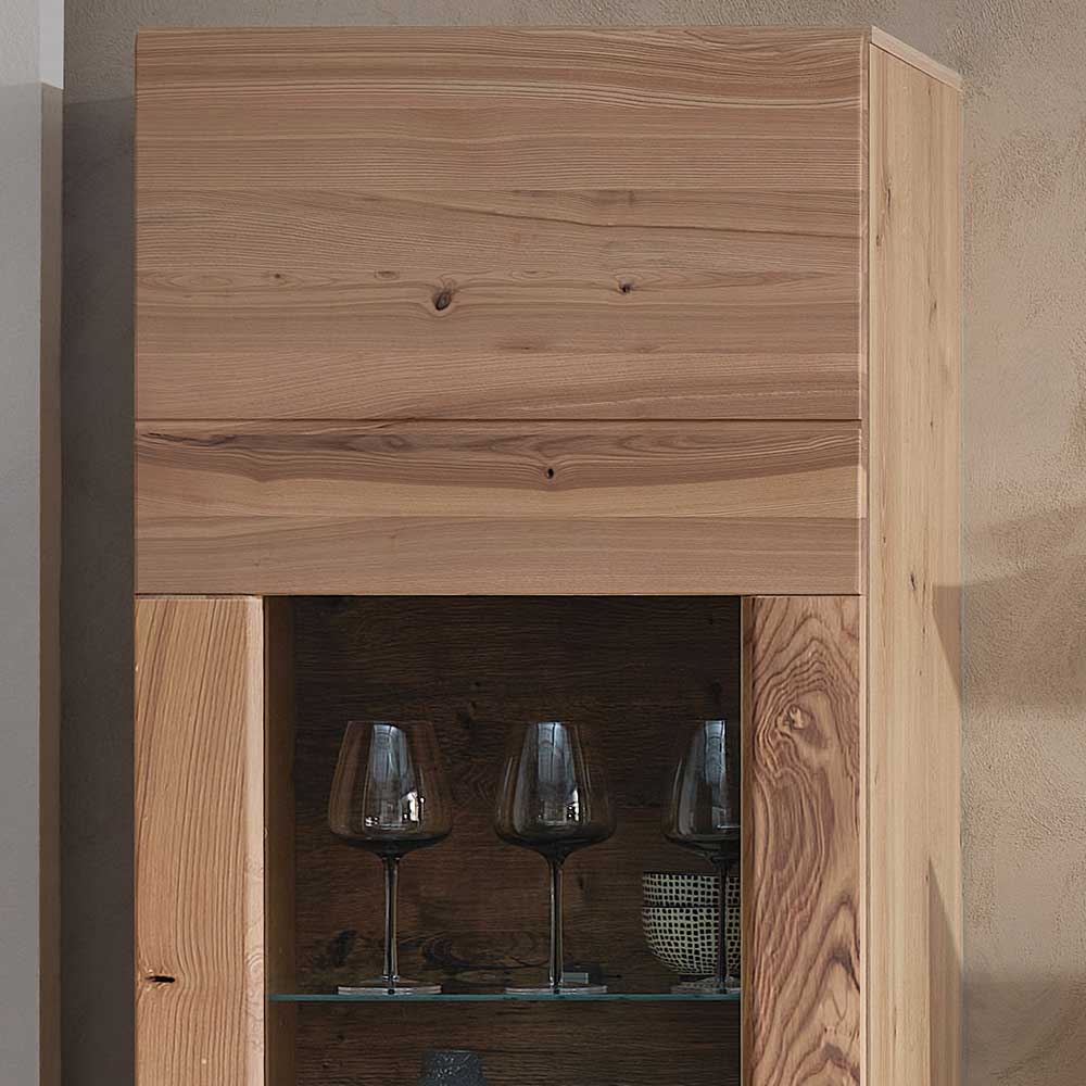 Oberer Bereich der Holzvitrine mit Holztüren und Glasboden für Gläser und Dekoration – Cymbal