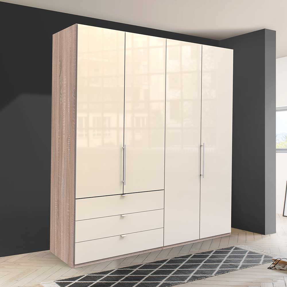 Kleiderschrank 200cm breit in Creme Glas mit Holzelementen für Schlafzimmer – Rativian
