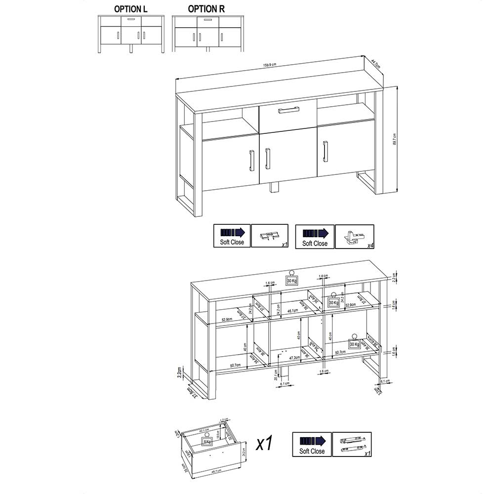 160x90x45 Sideboard mit zwei offenen Fächern - Dudleys