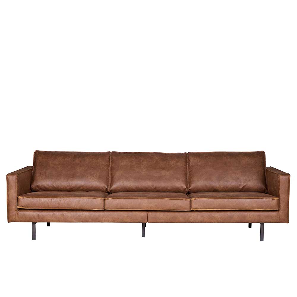 Dreisitzer Sofa aus braunem recyceltem Leder mit schwarzen Metallfüßen – Monty