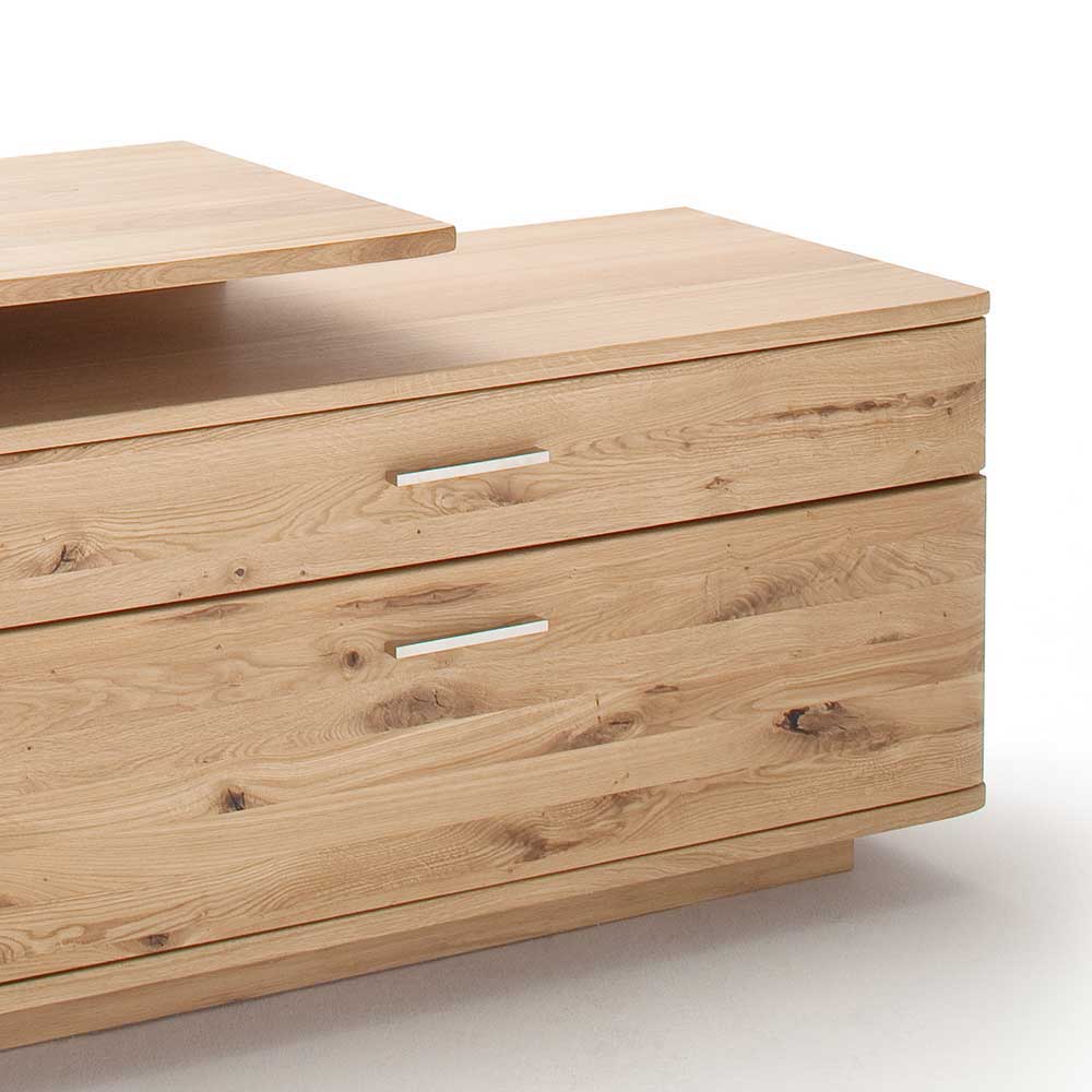 Rechte Seite des Eiche Bianco TV Lowboards mit zwei geschlossenen Schubladen und Griffen – Crokas