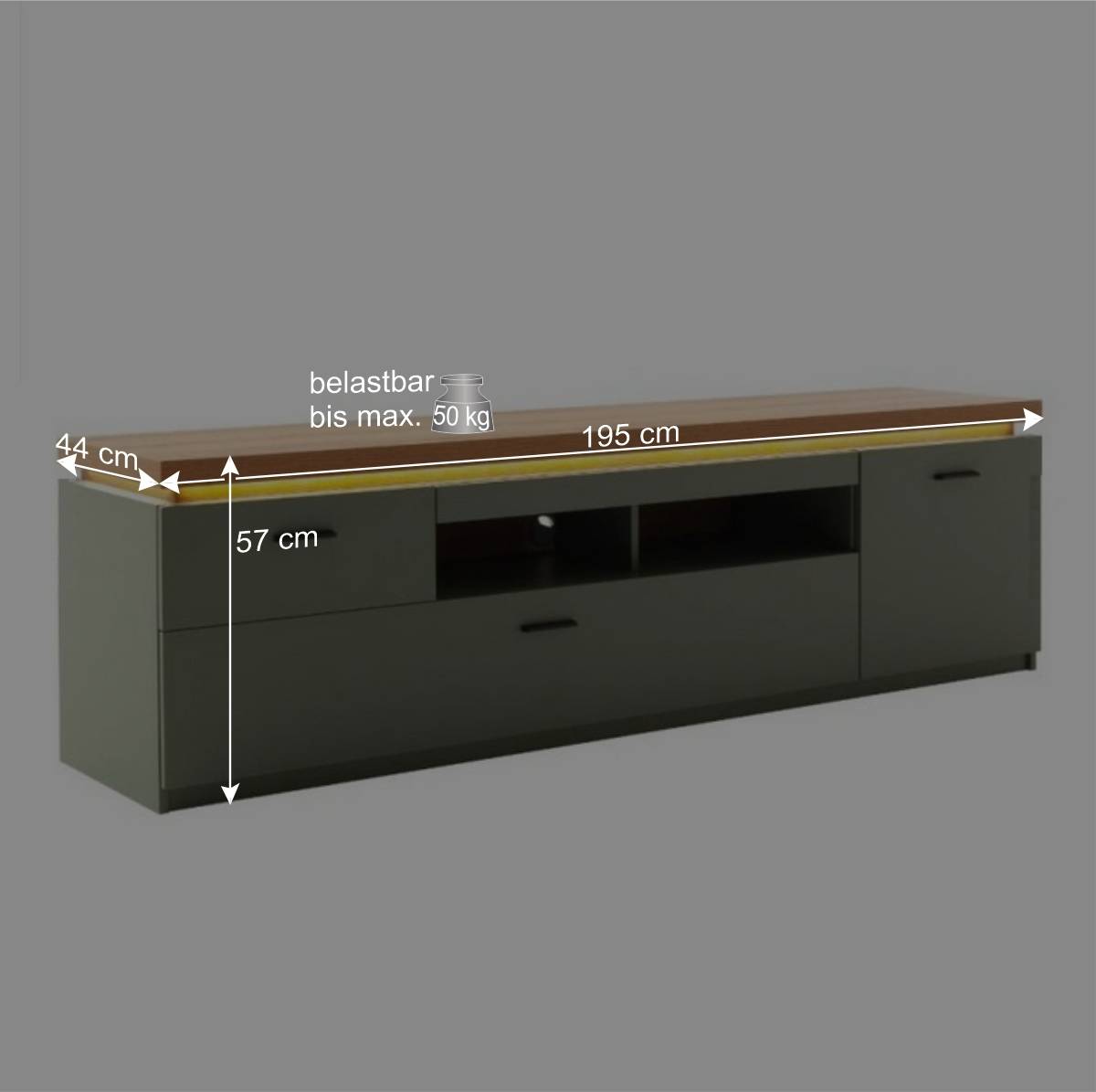 TV Lowboard in Graugrün und Eiche - Kwin