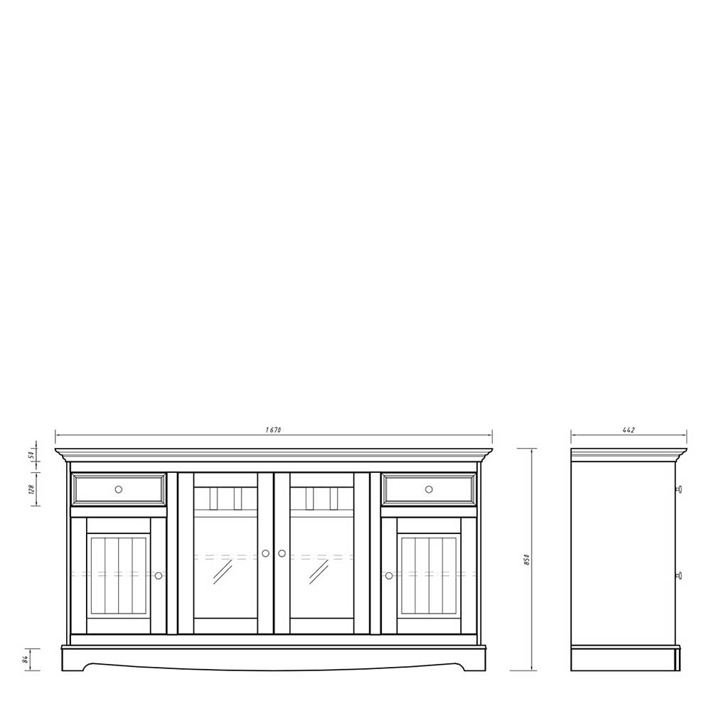 Landhaus Sideboard in Weiß Maße und Abmessungen technische Zeichnung – Indico