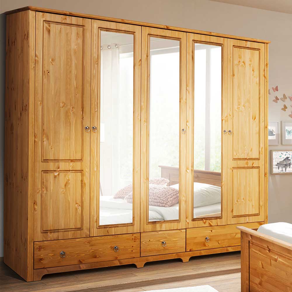 Massivholz Kleiderschrank Kiefer natur 5-türig mit drei Spiegeltüren und drei Schubladen – Imressa