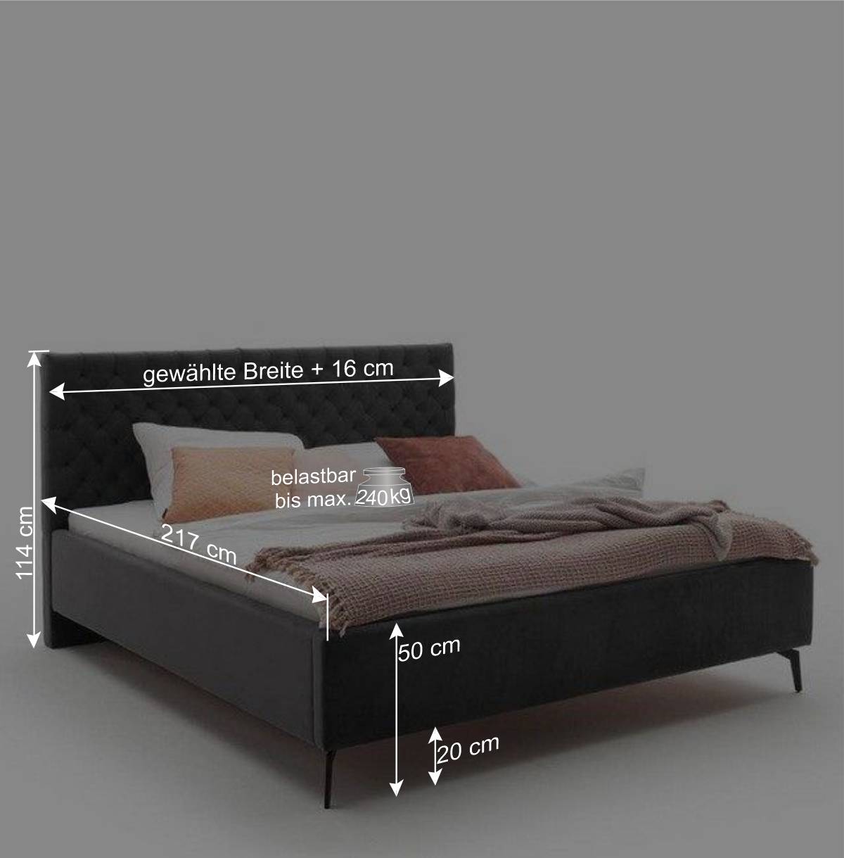 Chesterfield Samtbett in Anthrazit - Satos