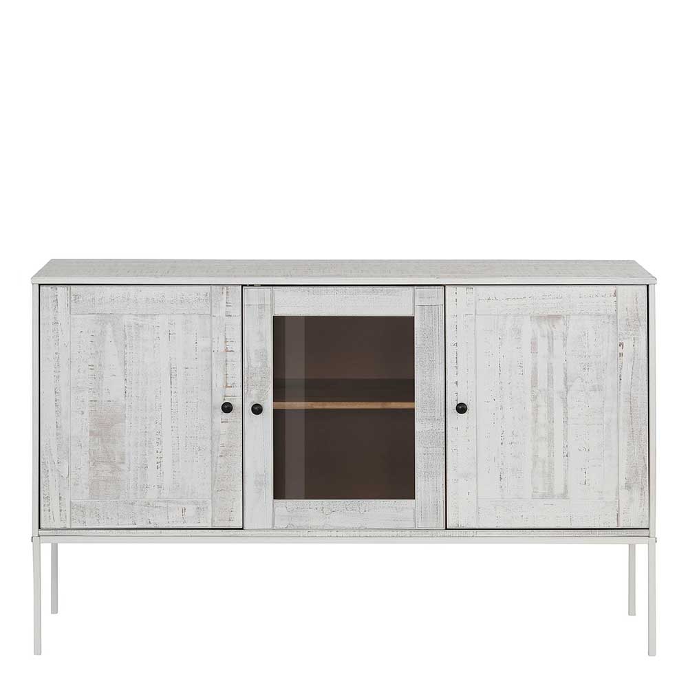Weißes Sideboard aus Kiefernholz mit Glasvitrine und drei Türen auf Metallgestell – Ejeliva