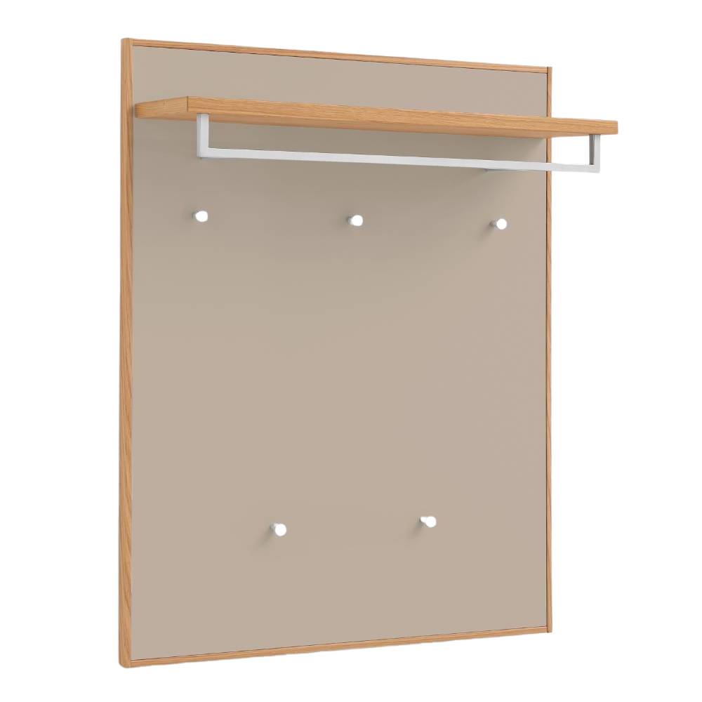 Beige Wandgarderobe mit Hutboden, Kleiderstange und sechs Haken aus Holz – Nova