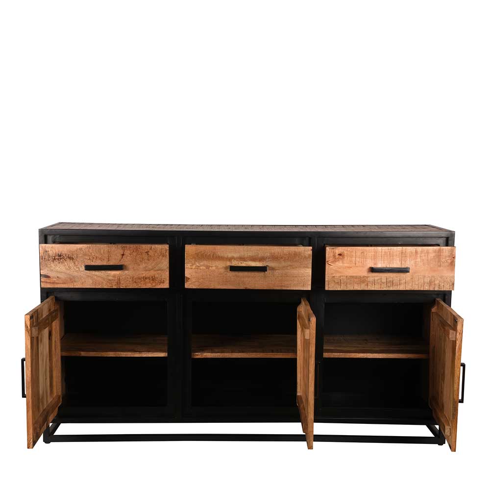 Geräumiges Sideboard Industrial Style aus Mangoholz mit drei Schubladen und drei offenen Schranktüren – Piatrasun