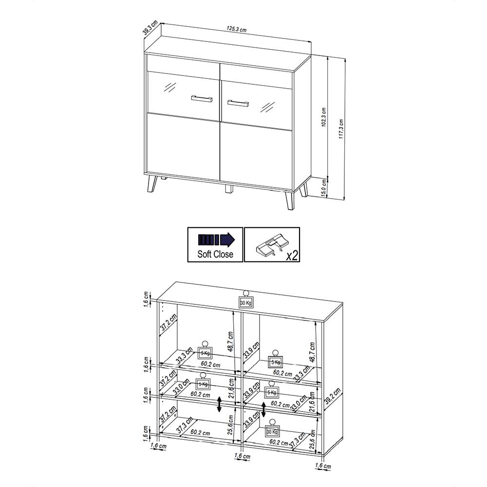 126x118x40 Wohnzimmerschrank mit Glaseinsatz - Paniera