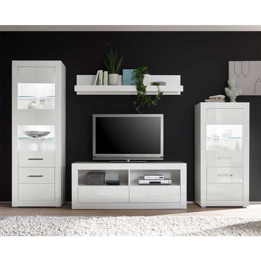 280cm breite Schrankwand in Weiß Hochglanz Yulis optional mit LED (vierteilig)