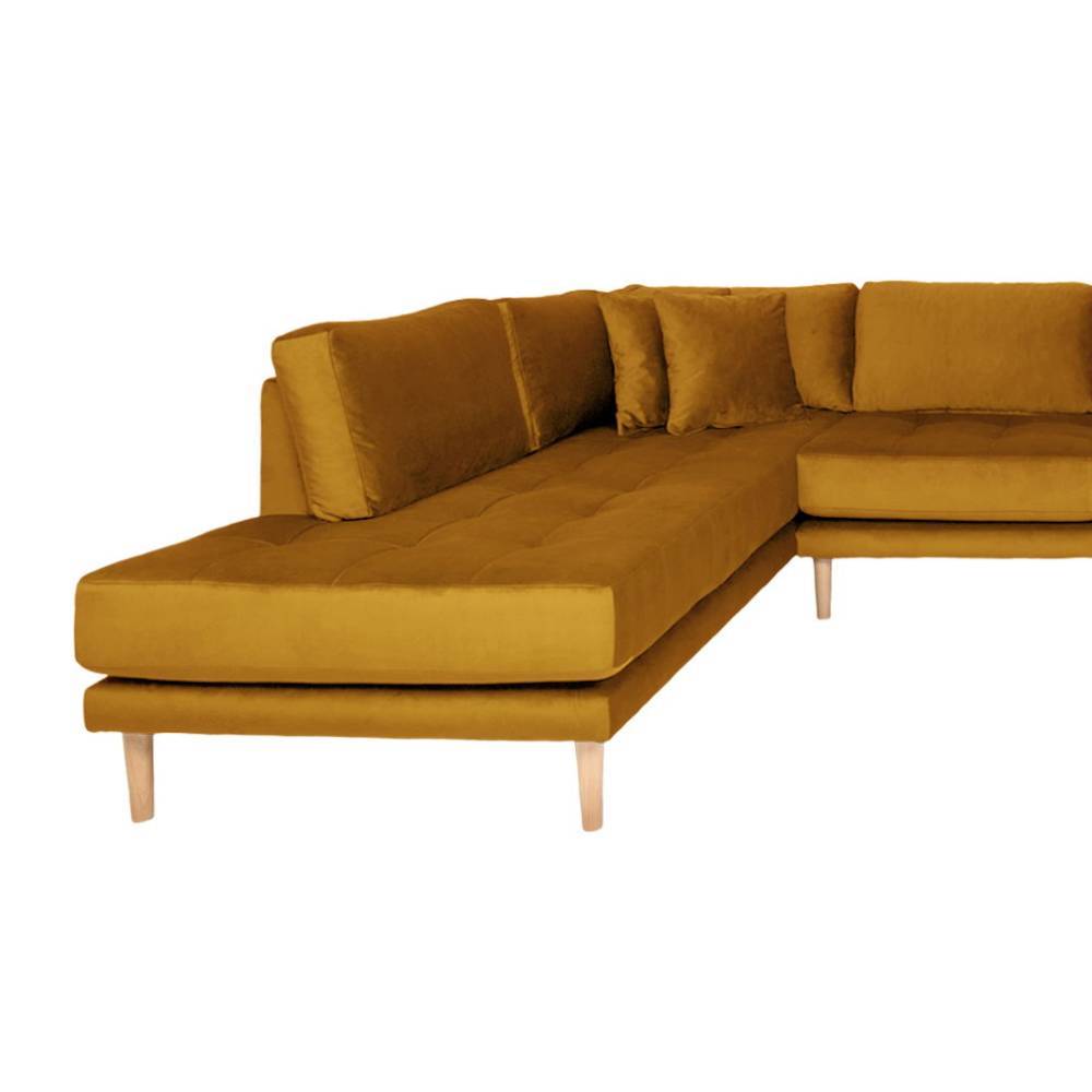 Ecksofa U-Form senfgelb mit samtigem Bezug und langer Chaiselongue – Capeko