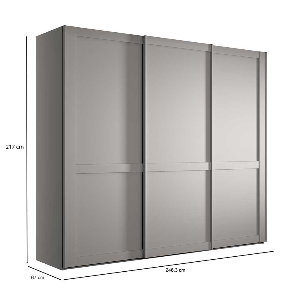 Hellgrauer Kleiderschrank mit drei Schwebet
en und den Ma
 en 217x246,3x67 cm 
 Ridonna