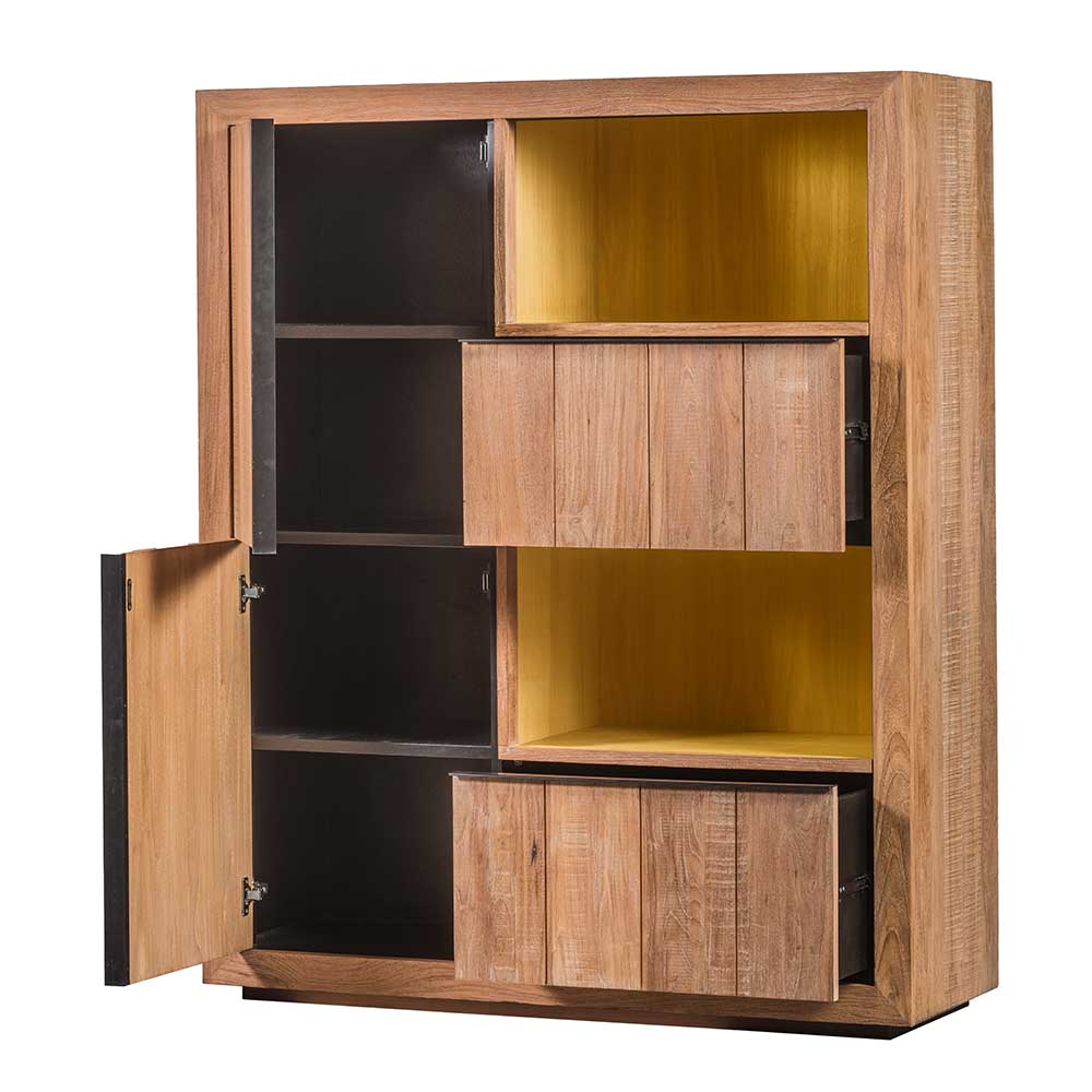 Offener Teak Barschrank mit Holztüren und ausziehbaren Fächern in Natur und Gelb – Myons