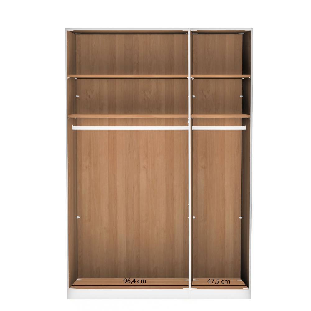 Erlefarbener Schlafzimmer-Kleiderschrank Innenansicht mit Fächern, Kleiderstangen und Maßen – Murray