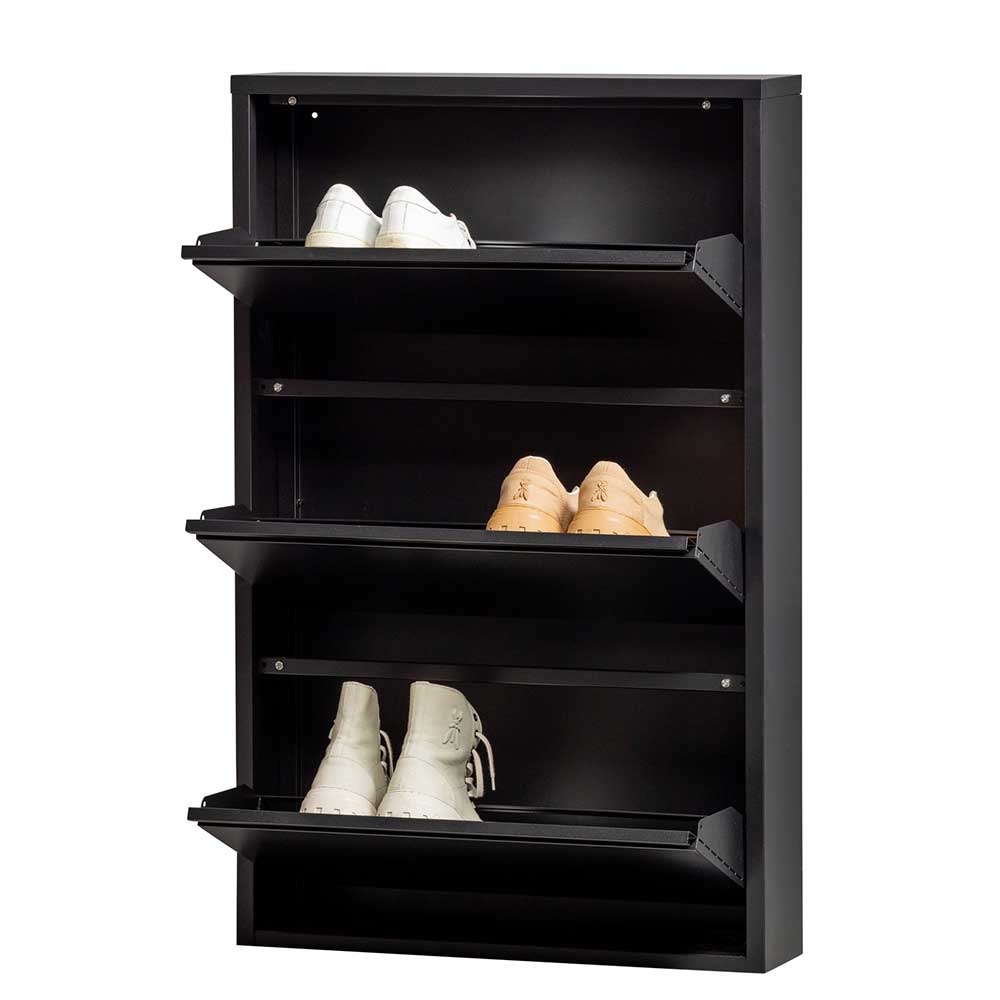 Schwarzer Schuhschrank mit drei offenen Klappen und verschiedenen Schuhen – Matic