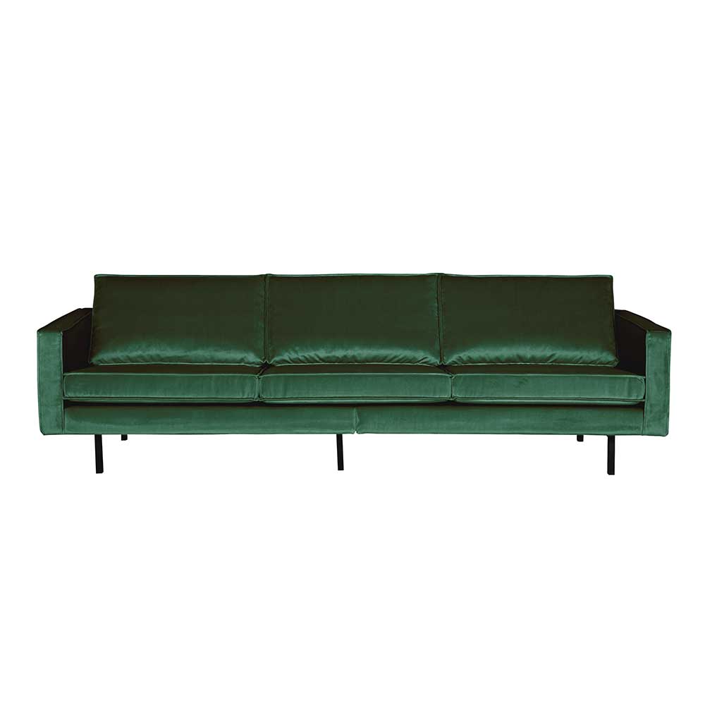 Elegante grüne Samtcouch mit drei Sitzpolstern und schwarzen Metallfüßen für das Wohnzimmer – Distroit