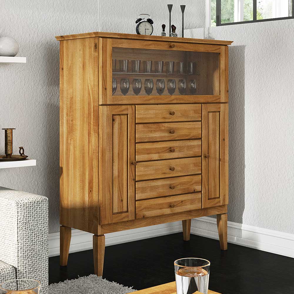 Massivholz Highboard aus Holz mit Glasklappe und Schubladen im Wohnzimmer – Masdamos