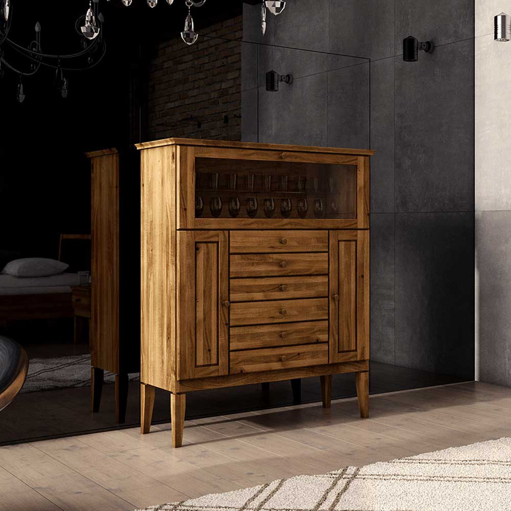 Hochwertiges Massivholz Highboard mit Glaseinsatz und vielen Schubladen für das Esszimmer – Masdamos