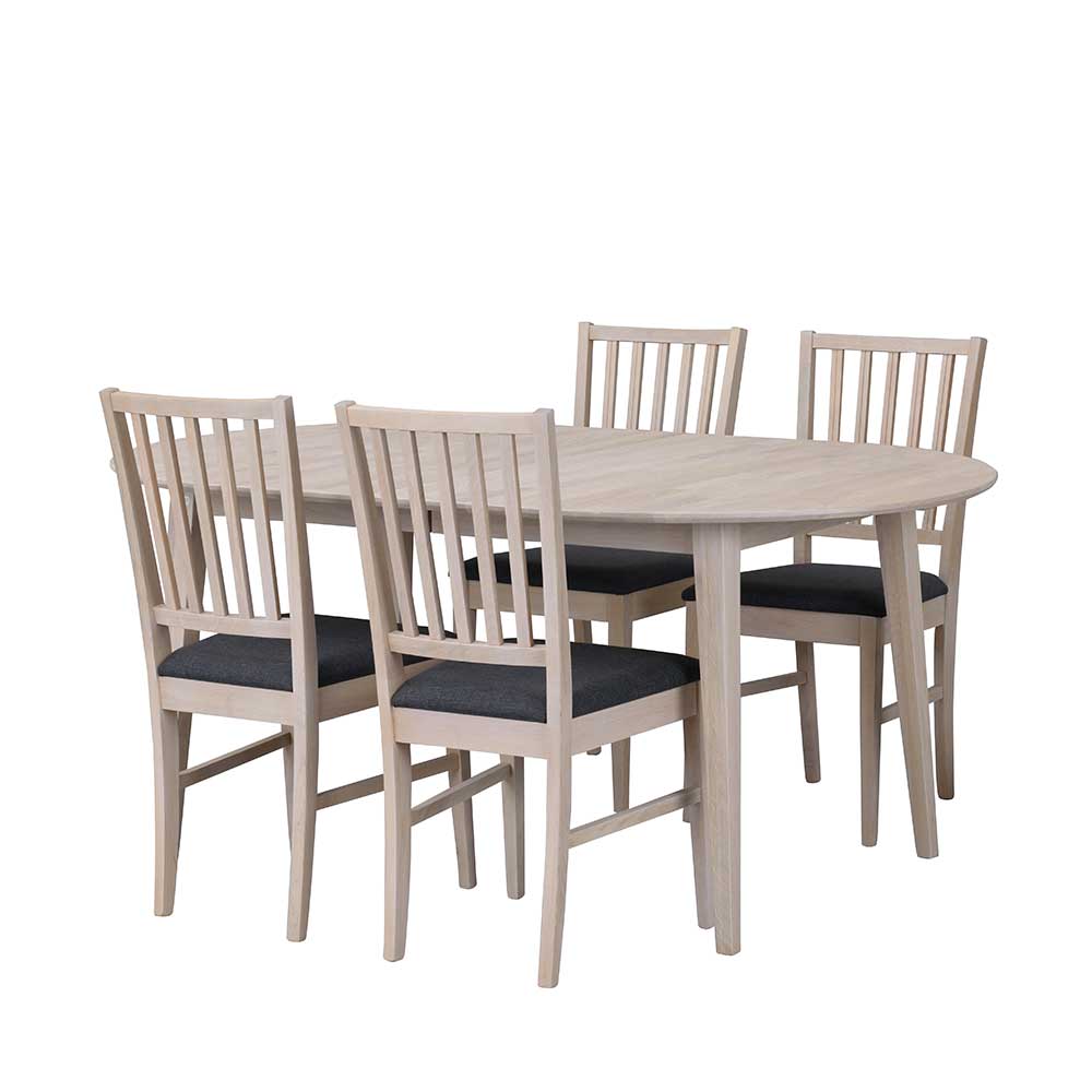 Ovaler Esstisch Eiche White Wash & 4 Stühle Pessoa mit Webstoff Grau (fünfteilig)