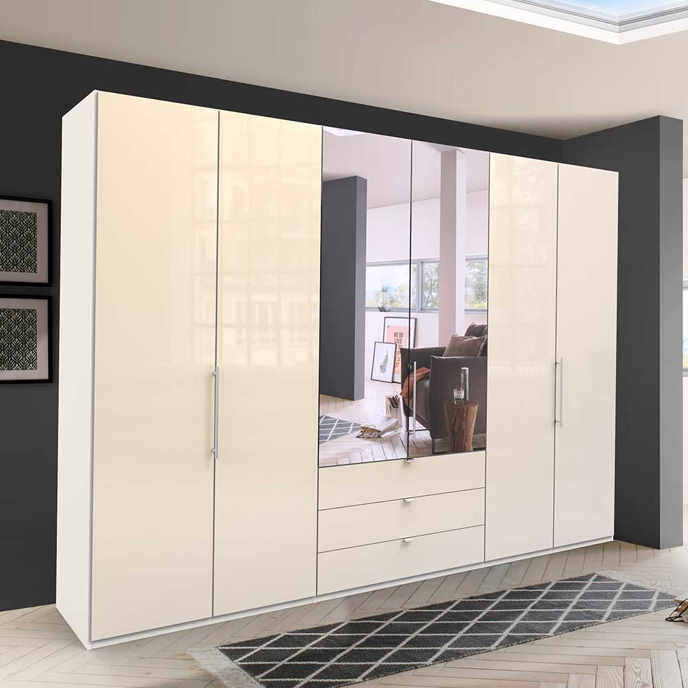 Kleiderschrank mit Schubladen & Falttüren in Creme Glas - Zidarie