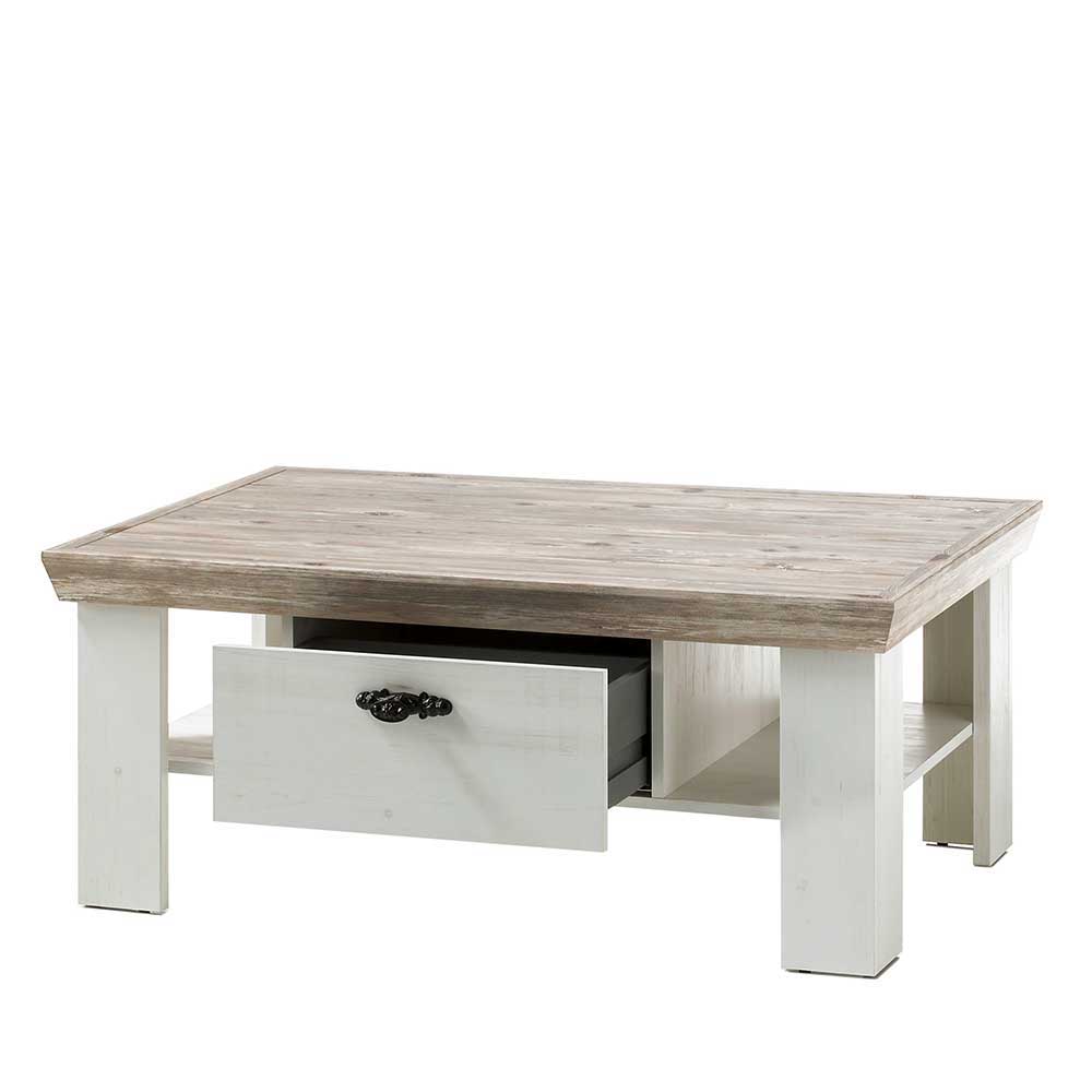 Scandi Landhaus Sofatisch mit 2 Schubladen Nedita in Weiß & Pinie Shabby