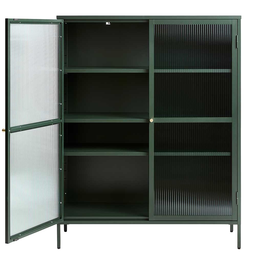 110x140x40 Dunkelgrüne Highboard Vitrine aus Stahl - Estellos