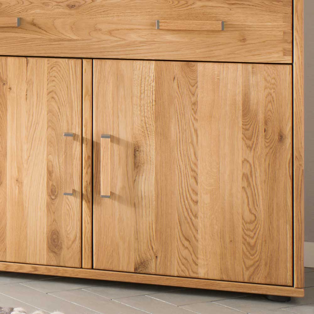 Massives Eichenholz Sideboard mit zwei Türen und Schublade, silberne Griffe – Teano
