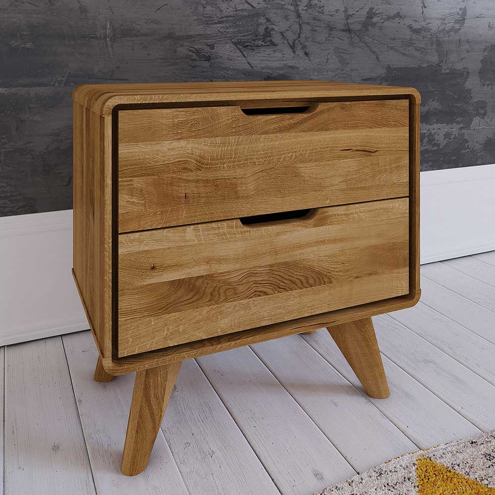 Wildeiche Nachtkommode mit zwei Schubladen und schrägen Holzfüßen in modernem Design – Eavy